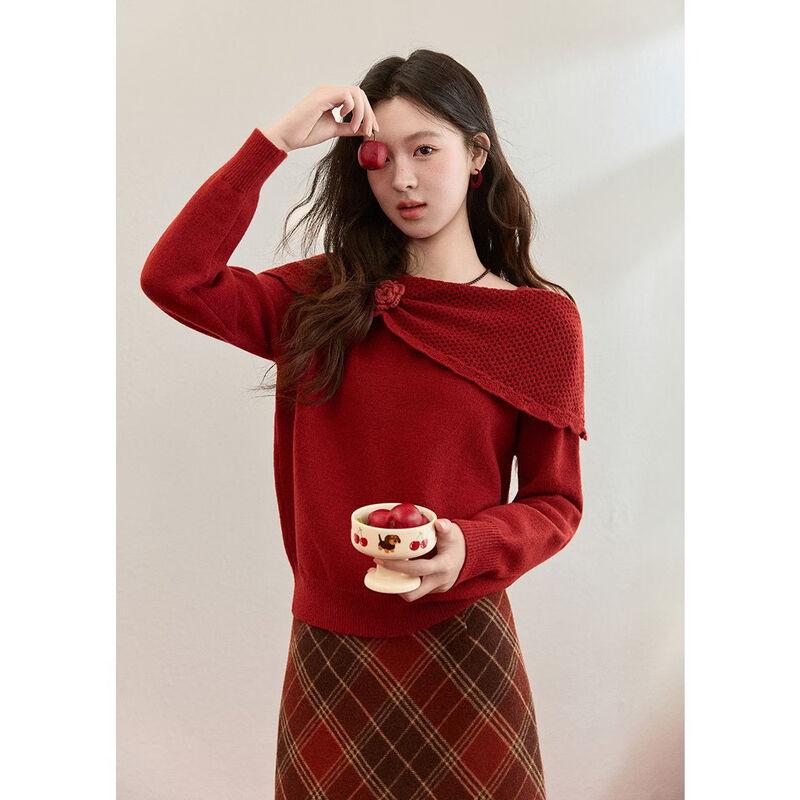 Women s Festive Red 3D Floral Alpaca Blend Sweater S