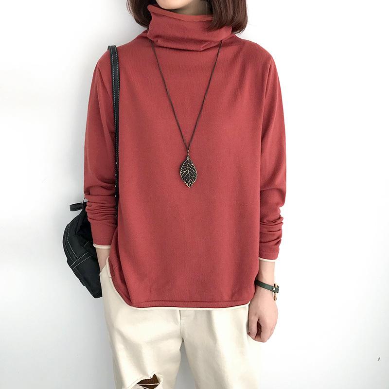Autumn and Winter Turtleneck Bottom Middle Aged Women's Fashion Solid Color Patchwork Long Sleeve Standard Pullover T-shirt Tops