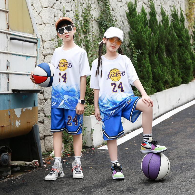 

Children s basketball jersey set boys and girls fake two quick-drying sports training jersey printed short-sleeved jersey group buying 30 yards небо синє кольору