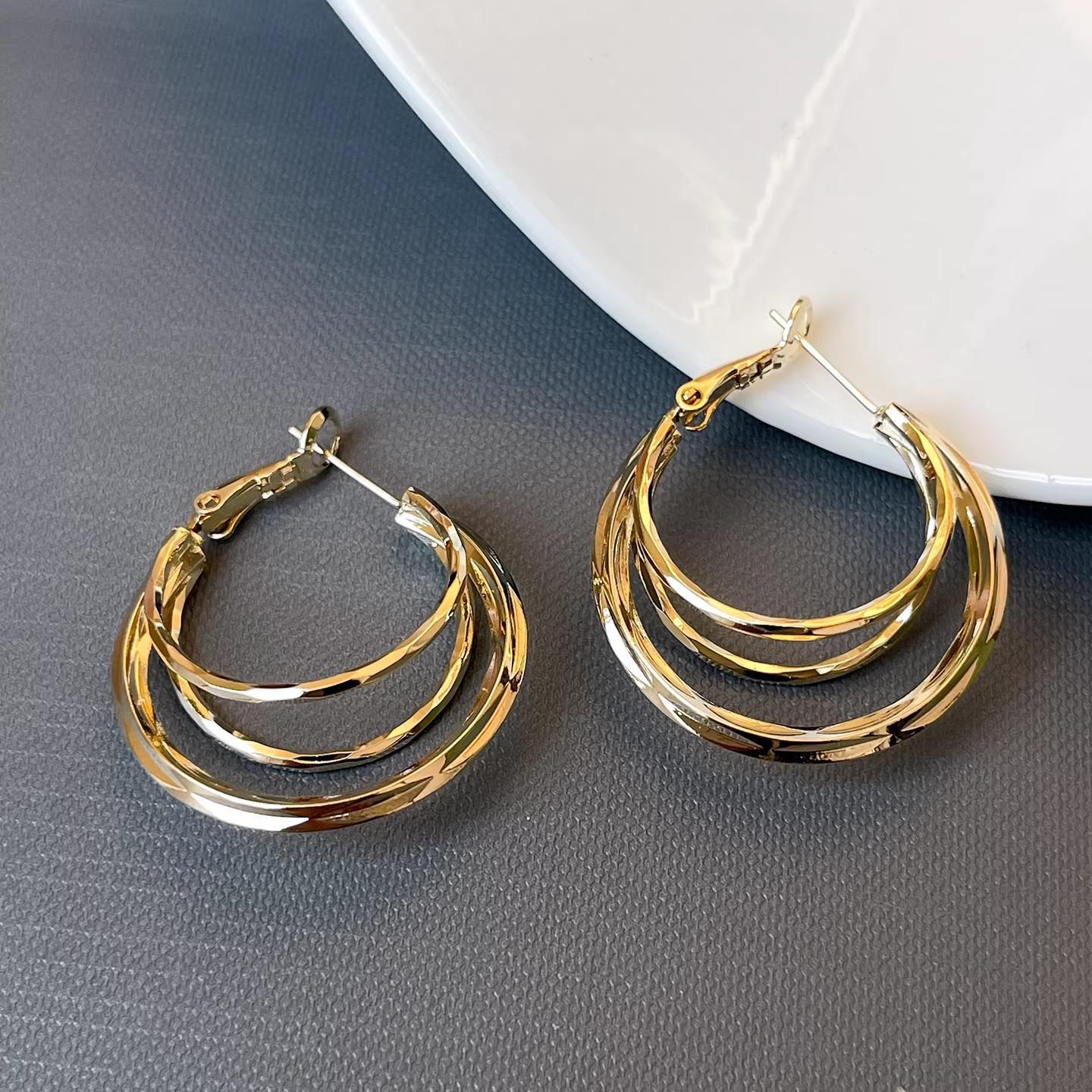 Elegant Gold Three-Layer Round Earrings - Chic Niche Design for Women