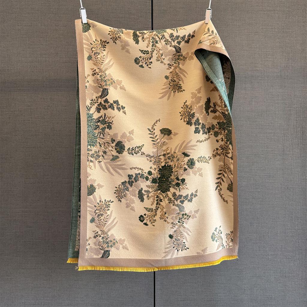 Autumn new retro style plant flower imitation cashmere scarf women's thickened warm medium and long jacquard shawl scarf