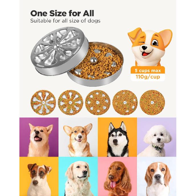 Slow Feeder Dog Bowls – Stainless Steel Non-Slip Metal Bowl for Slow Feeding, 5 Cups Large Capacity, Double-Sided Design for Dry, Wet, or Raw Food,