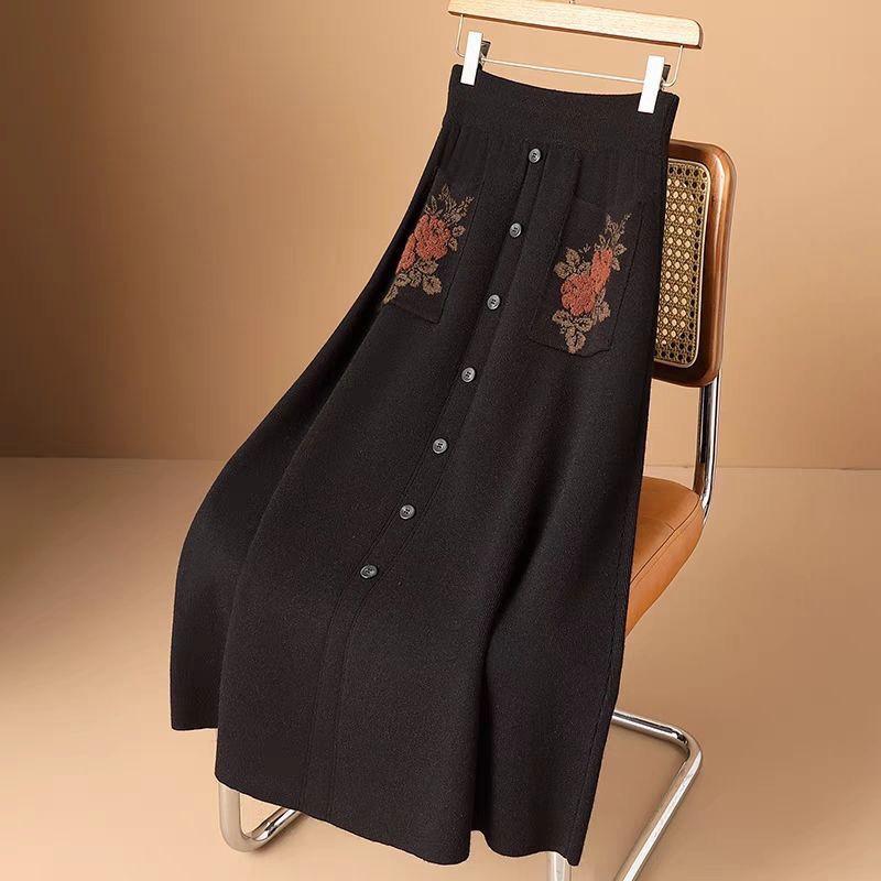 Pocket High-waisted Mid-length Autumn Winter New Knitted Temperament Fashionable Skirt Western Style Thickened Elasticity
