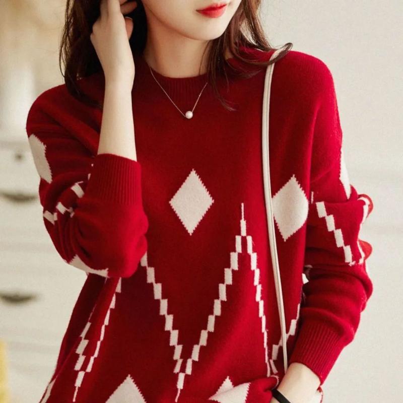 Žakárový svetr s diamantovým žebříčkem dámský svetr 2022 nový svetr s kulatým výstřihem stažený svetr s dlouhým rukávem spodní svetr dámská