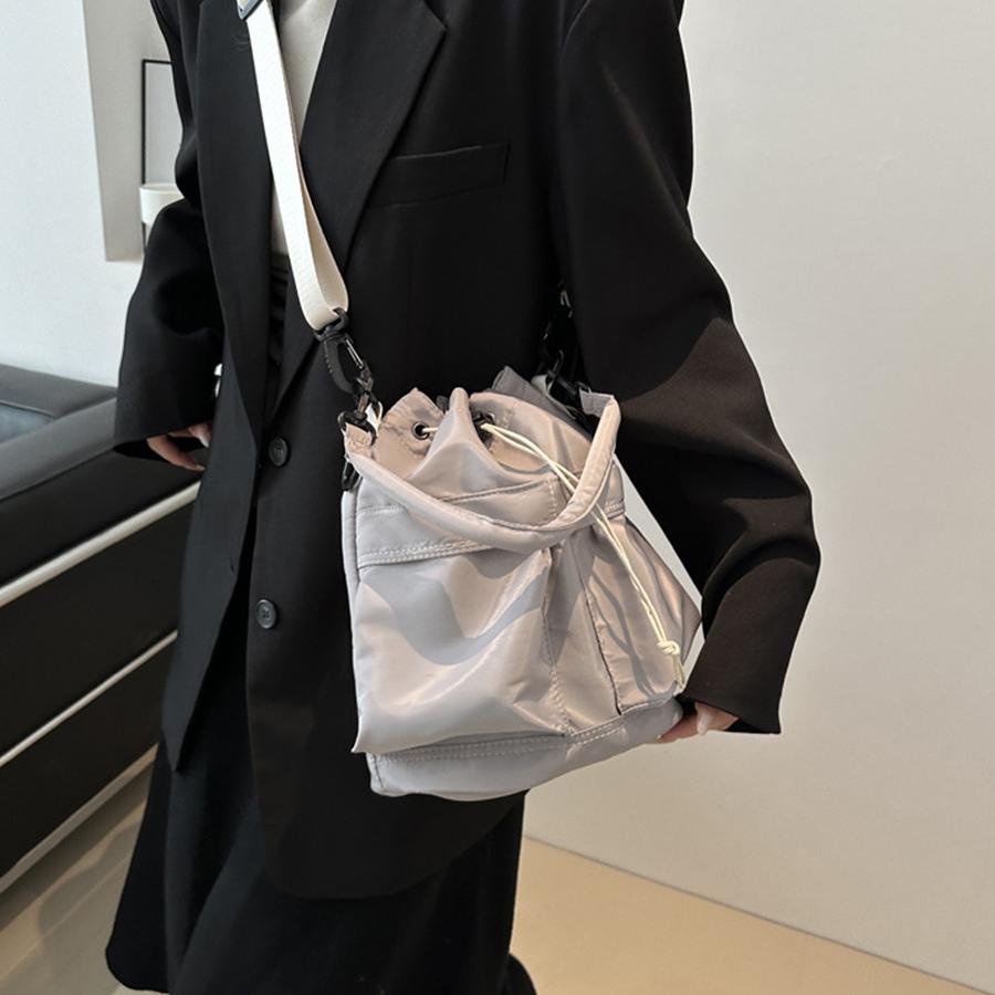 Commuter Crossbody bag for women Korean handbags casual solid color shoulder bag drawstring fold large capacity nylon bucket bag