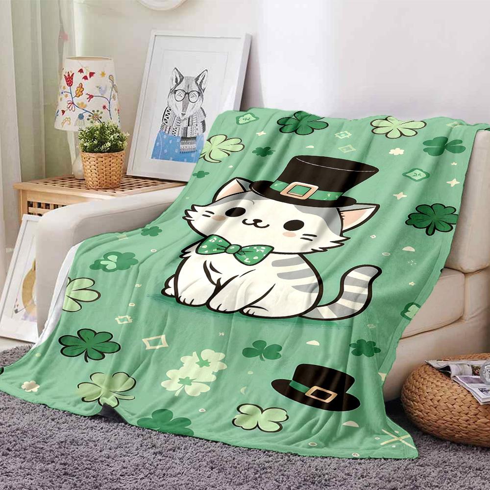

1pc cat shamrock blanket Lightweight Flannel Throw for Sofa Bed Travel Camping Livingroom Office Couch Chair 80cmx120cm