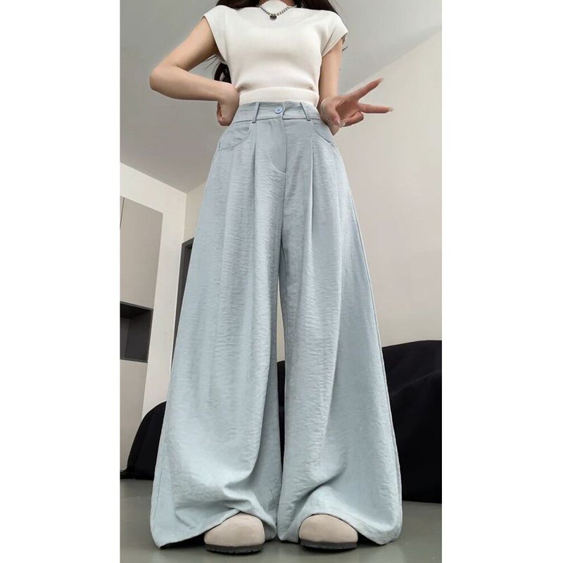 

White Casual Pants for Women, Spring Season, Plus-Size, Hip-Covering Suit Pants, Wide-Leg Pants for Plus-Size Women, Loose and Relaxed Style Blue Regular Version S