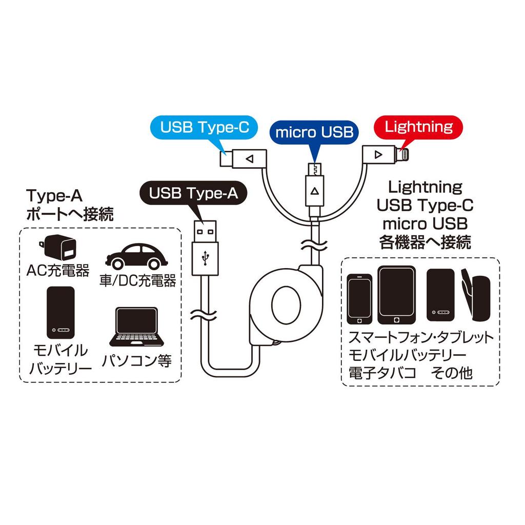 SEIWA AL361 Retractable USB Micro USB to Lightning and Data Compatible 3-Way Cable, Type-C, Approx. 0.8m,