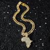 Iced Out Afrika Karten Anhänger Halskette Legierung Gold Plated Strass Cuban Link Kette Hip Hop Afrikanisches Erbe Street Charm Schmuck