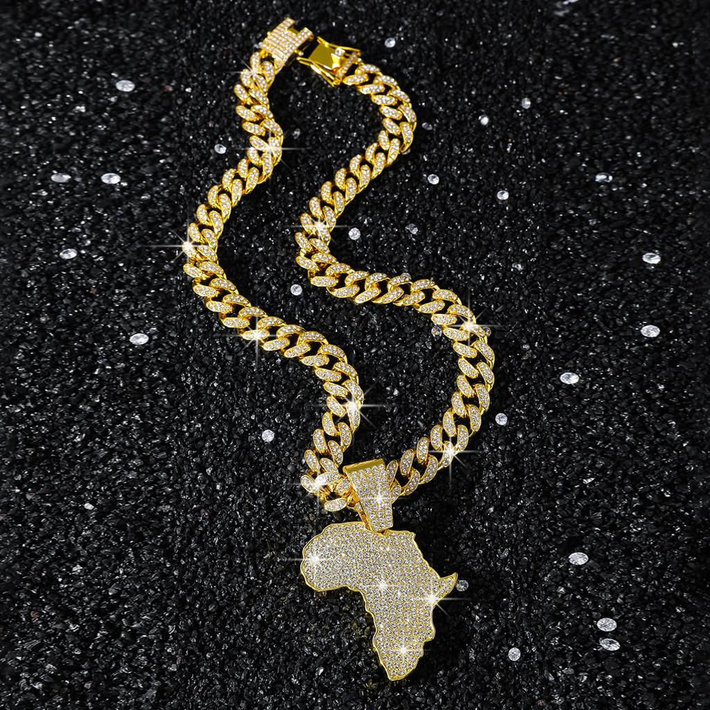Iced Out Afrika Karten Anhänger Halskette Legierung Gold Plated Strass Cuban Link Kette Hip Hop Afrikanisches Erbe Street Charm Schmuck