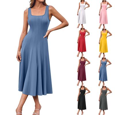 Women's Casual Fashion Round Neck Sleeveless Solid Color Side Pocket Midi Dress
