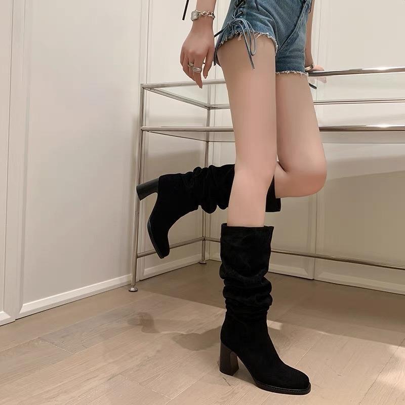 Spice girl tugs cool commuter versatile suede western cowboy boots new comfortable thick heel tall stacking boots
