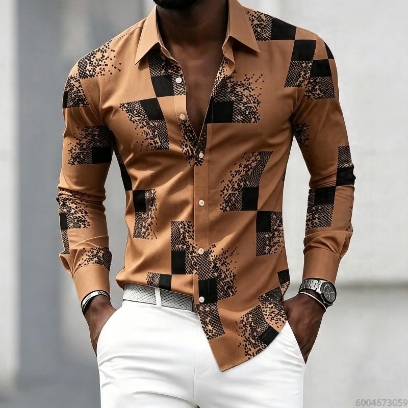 Men's Black and White Patchwork Block Fragment Printed Long Sleeved Shirt, Men's Slim Fit Trend Lapel, Business Casual Shirt