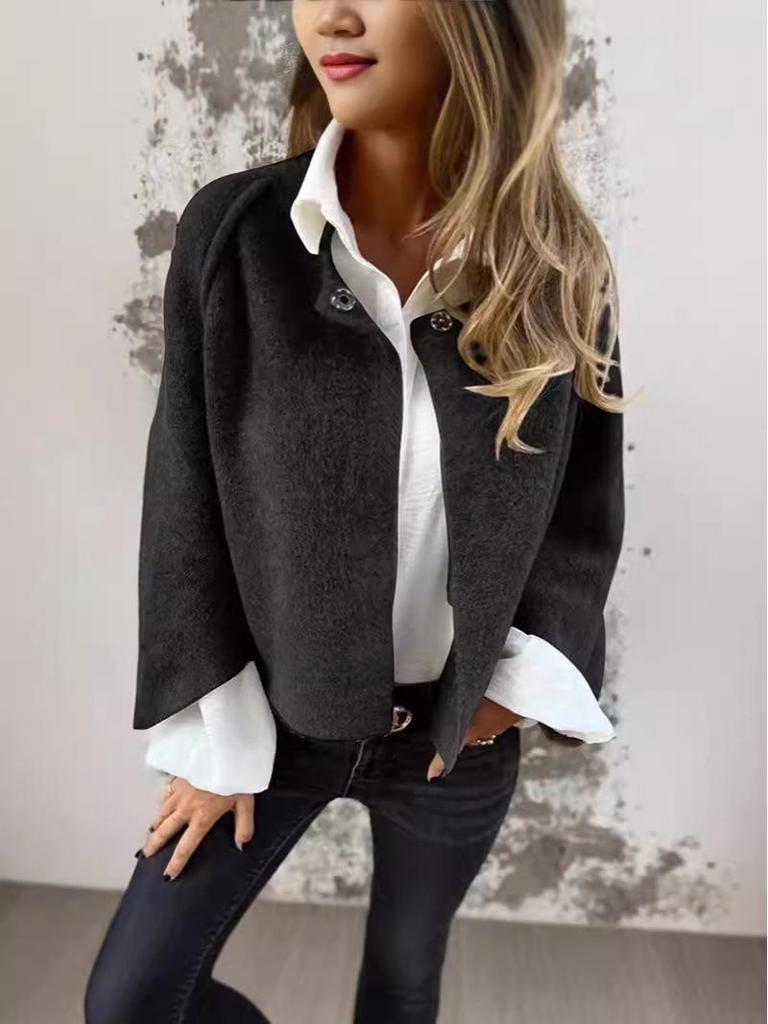 Dámský vlněný kabát z umělého kašmíru - Podzim/Zima, Volný krátký střih, Dlouhé rukávy