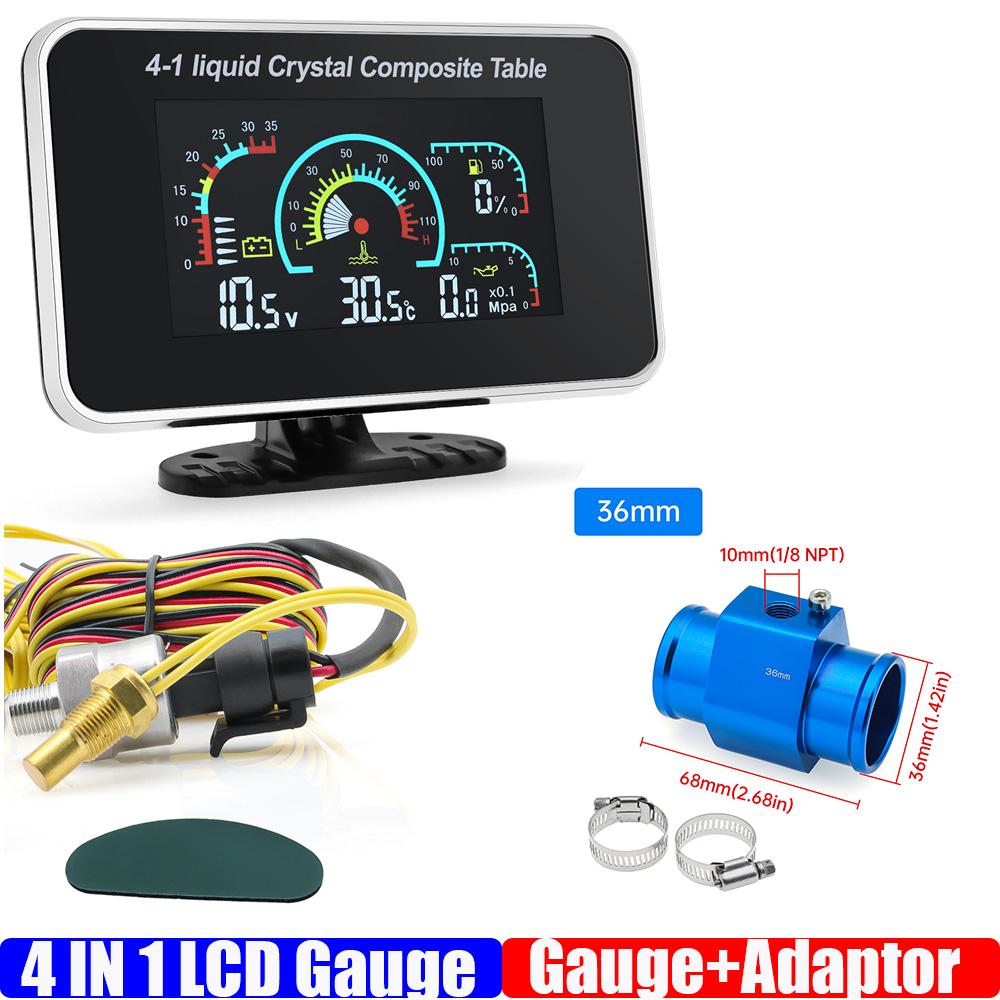 

Water Temperature+Oil Pressure+Fuel Level+Voltmeter with Water Temp Joint Pipe Sensor 26-40mm 4 In 1 LCD Gauge Car 12V24V