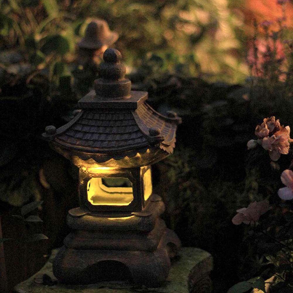 Resin Solar Pavilion Sculpture Lamp Retro Craft Waterproof Pagoda LED Solar Light Ornament Outdoor Garden Lawn Decorations