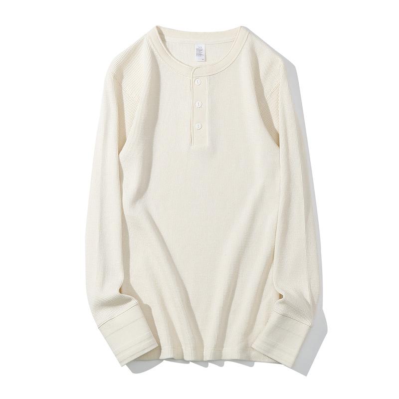 Męska koszulka z długim rękawem Henley Waflowy splot Ciężka Slim Fit Codzienna Vintage Wiosenna Warstwa bazowa Góra