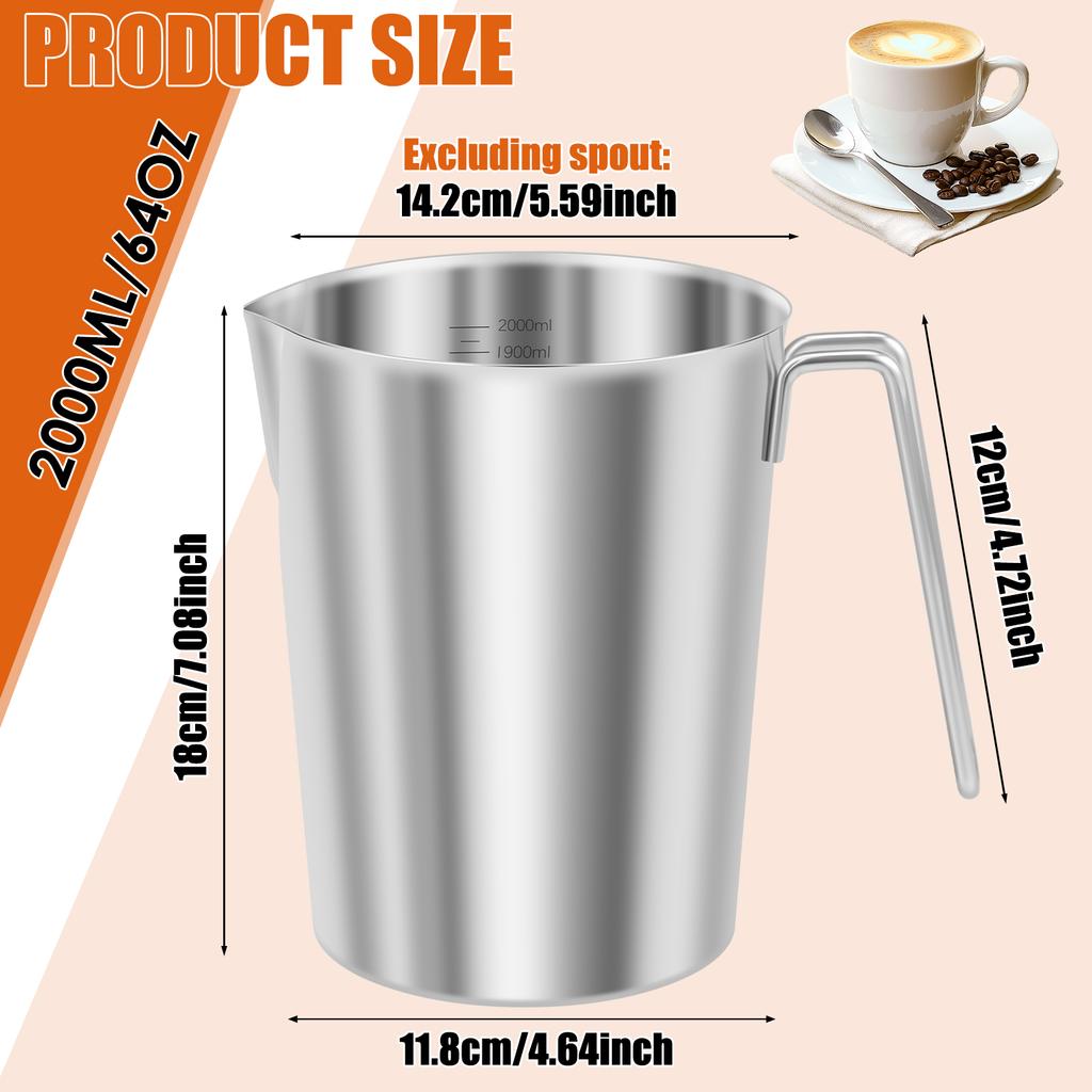 1500ML/2000ML Measuring Cup Stainless Steel Measuring Cups with Pour Spout and Handle Milk Frothing Cup for Kitchen Bar and Cafe