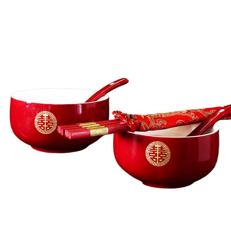 Red Wedding Tea Set: Teacups, Bowls, Chopsticks for Toasting & Dowry