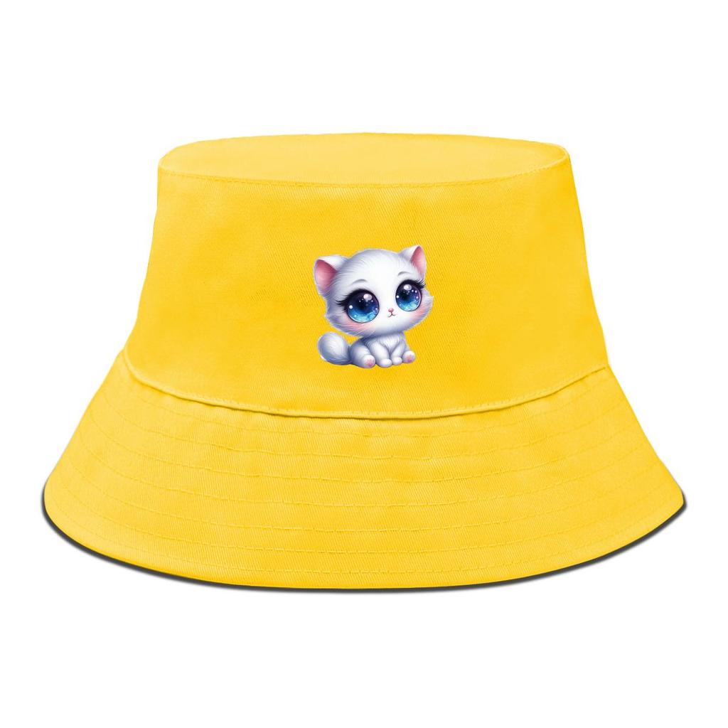 Cappello a secchiello con stampa gatto, carino cappello da pescatore con animale domestico cartone animato semplice reversibile color caramella cappello da spiaggia