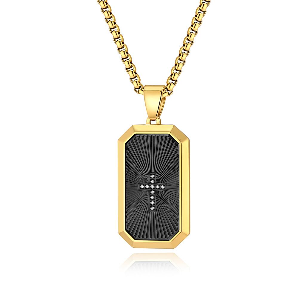 Octagonal Cut Folding Fan Texture Two-color Electroplated Hanging Necklace Pendant Titanium Steel Trendy Male Domineering Hip-hop Fashion Jewelry