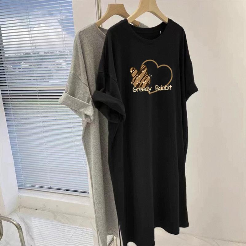 White Dress Loose Cotton Short-sleeved Long T-shirt Women's Skirt Fat Belly and Thin Large Size Split Skirt