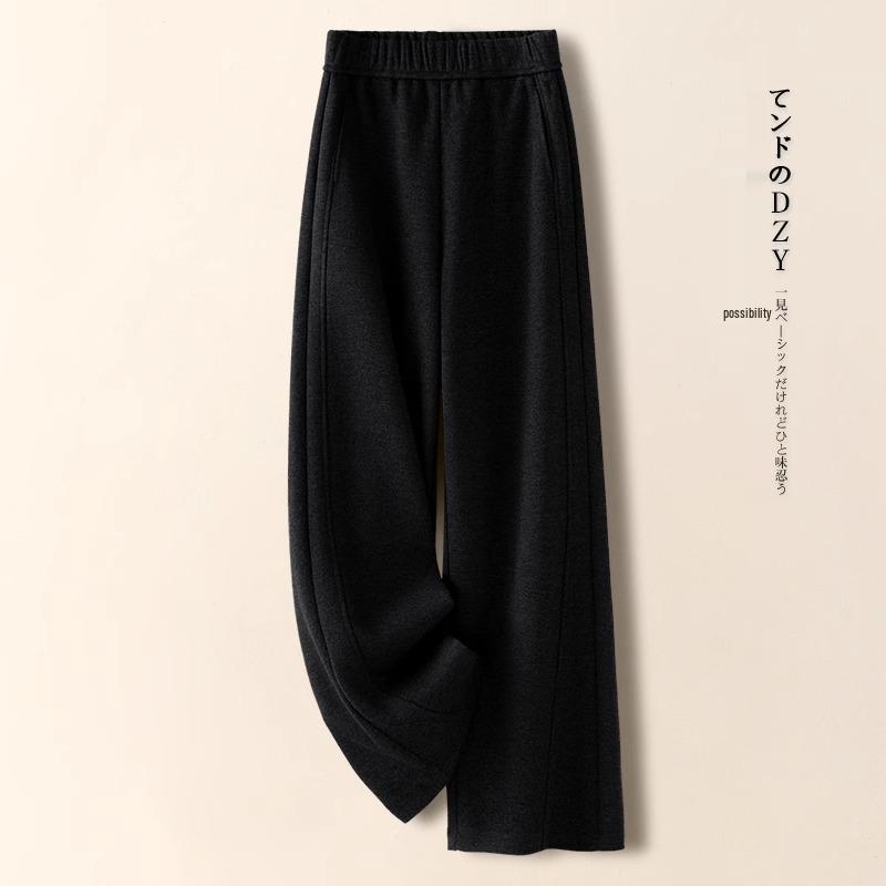 Women's Beige Cashmere Wool Blend Wide-Leg Pants with Fleece Lining - Autumn/Winter 2024 Collection