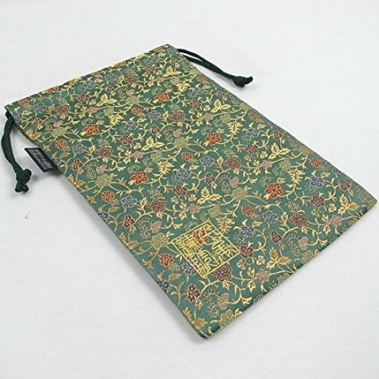 Senshishuin Nishijin Brocade Drawstring Bag Chinese Flowers and Large Size (Lined) - Grass/Green,