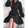 HNXC Autumn and Winter Casual Button-tied, Waist-cinching Long-sleeved Shirt Dress for Women