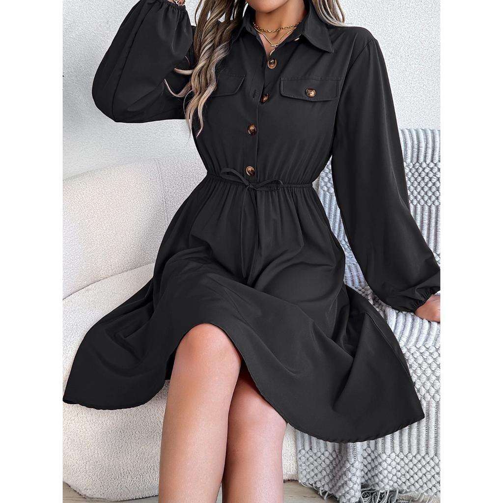 HNXC Autumn and Winter Casual Button-tied, Waist-cinching Long-sleeved Shirt Dress for Women