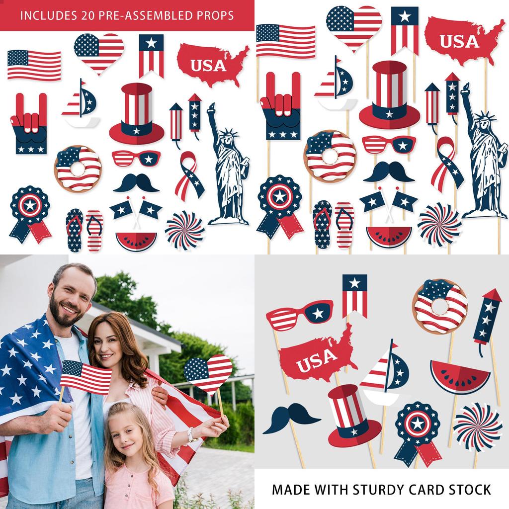 American Independence Day Photo Props Set With 20 Paper Party Decorations For Celebrations
