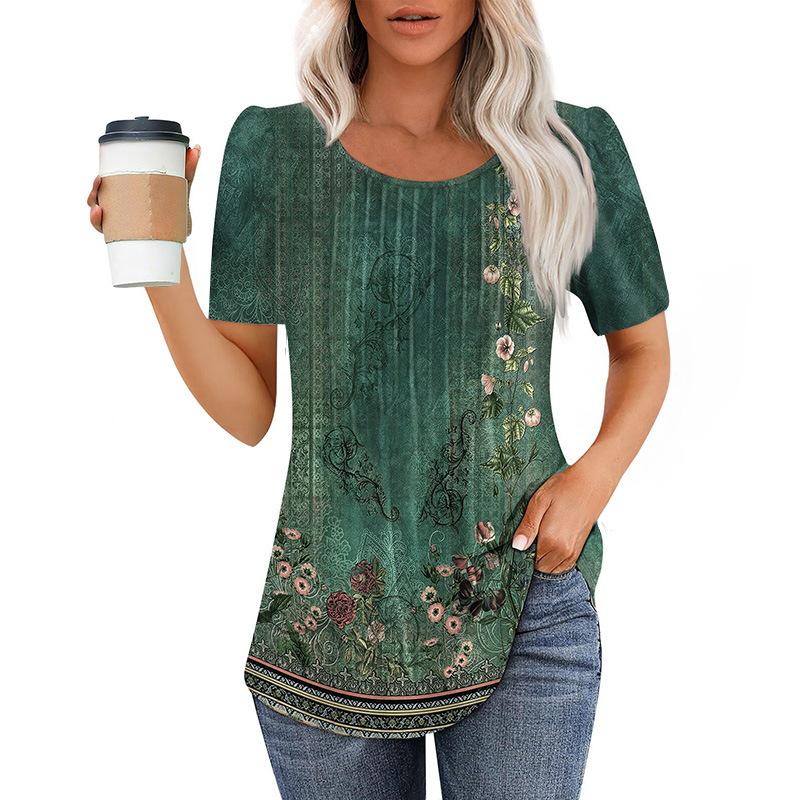 Neues plissee-Rundhals-Kurzarm-T-Shirt Damen-Oberteil Damenbekleidung