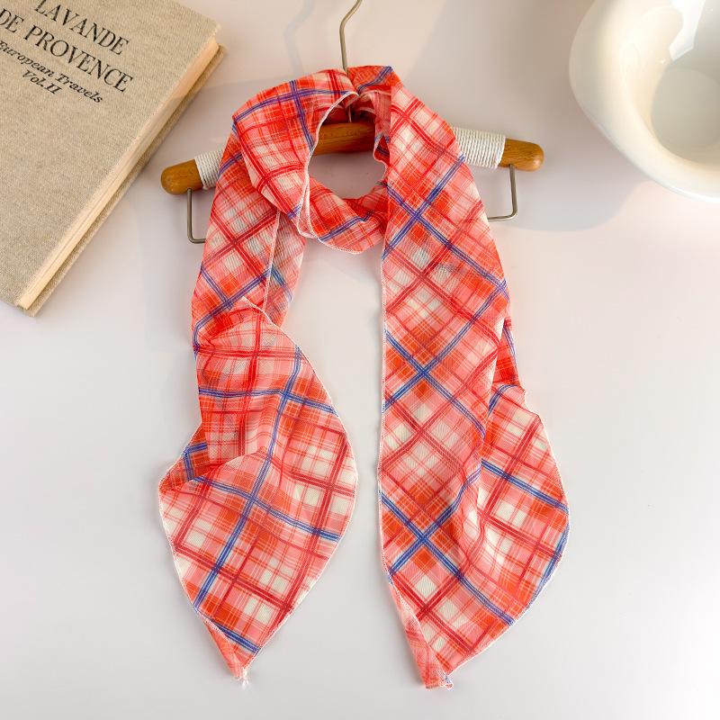 Korean Long Scarves Plaid Floral Print Lightweight Lace Mesh Scarf Versatile Neck Accessory Hair Scarf Neckerchief