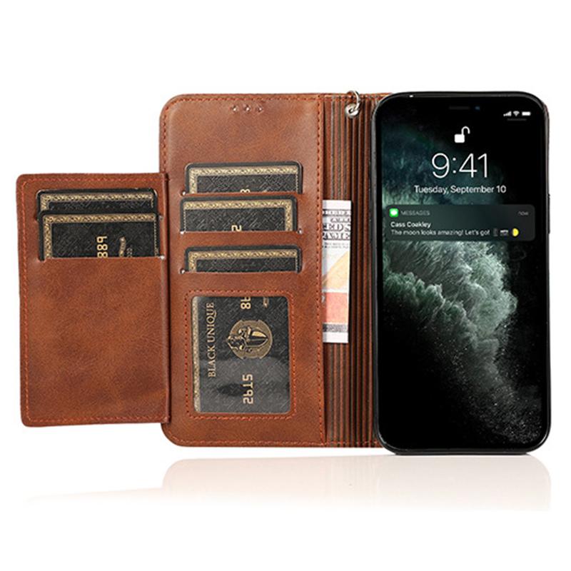 

For iPhone 15 Pro Max 5 Card Slots Phone Leather Case Calf Texture Zipper Wallet Stand Phone Cover Brown