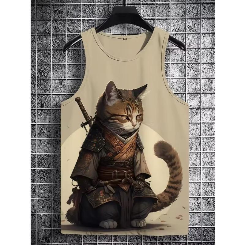 Japanese Style Vintage Tank Top Anime Samurai Cat 3d Printed Sleeveless T Shirts Casual Loose Breath Funny Top Tee Men's Vest