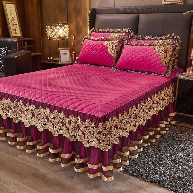 3PCS European Crystal Velvet Bed Skirt Winter Lace Velvet Bed Cover Warm Non-slip Thickened Fleece Bedding Three-piece Set