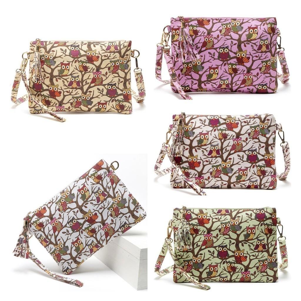 Cartoon Owl Canvas Crossbody Bag With Tassel And Zipper For Women**