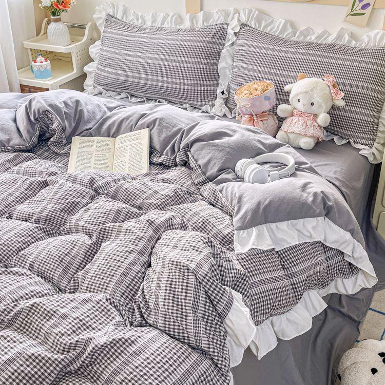 Ins Princess Style Bedding Sets Ruffle Blue Pink Girls Quilt Cover Romantic Bed Sheet Set Duvet Cover With Pillowcases 4pcs