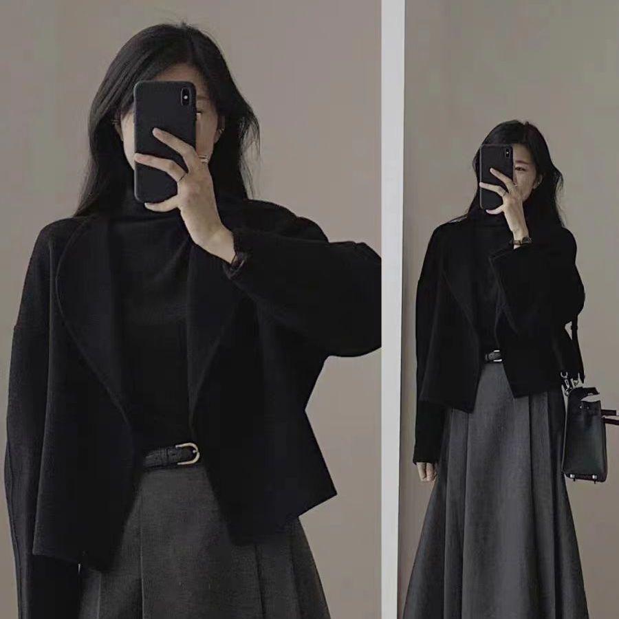 

Plus Size Women s Wool Short Jacket - Autumn/Winter Hepburn Style M for 80-100 jin (44-55 kg) чорний/гагат