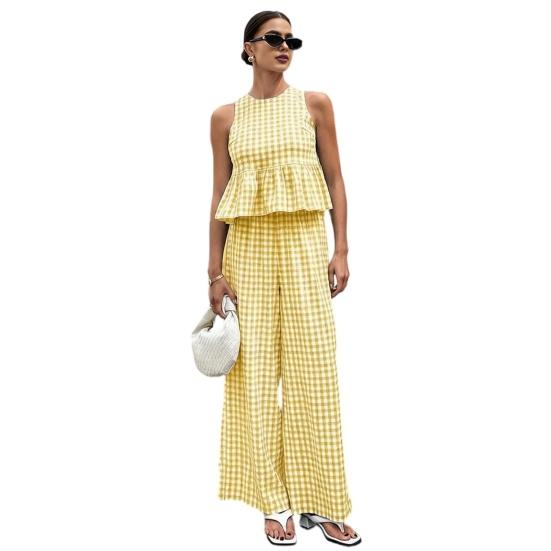 

Women Tank Top Pants Two-Piece Set Summer Plaid Sleeveless Ruffle T-shirt Wide Legs Trousers Loose Casual O-Neck Shirt Elastic Waist XXL жовтий