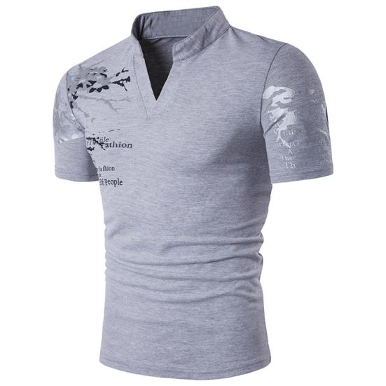 Pánské letní tričko s potiskem písmen, stojáčkem, výstřihem do V, krátkým rukávem, slim fit top