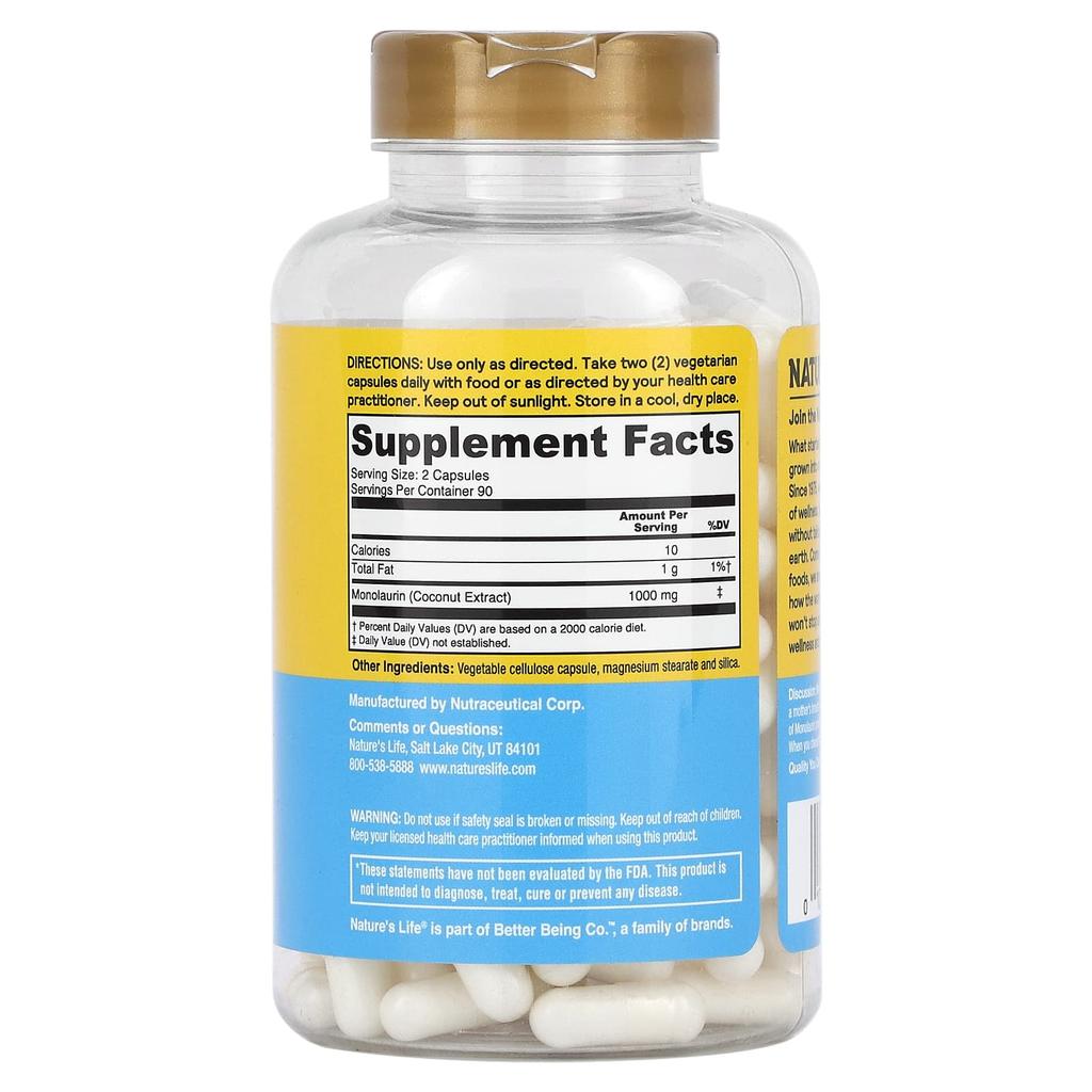 Nature's Life Nourishing Monolaurin, 180 Capsules (500Mg Per Capsule)