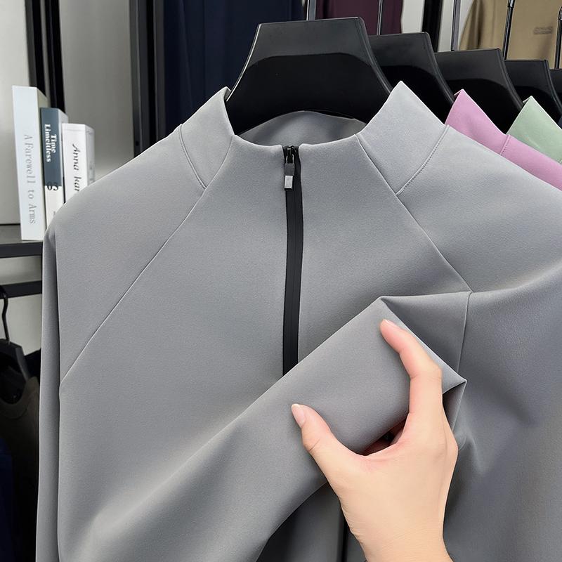 Men's Stand Up Collar Half Zipper Long Sleeve T-Shirt Autumn Solid Color Windproof Outdoor Commute Menswear