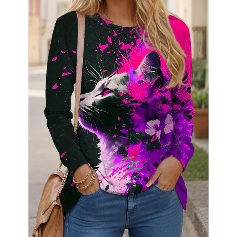 Women's T shirts 3D Print Art Design Cat Pattern Long Sleeve Daily Weekend Fashion Funny Round Neck Regular Fit Spring & Fall