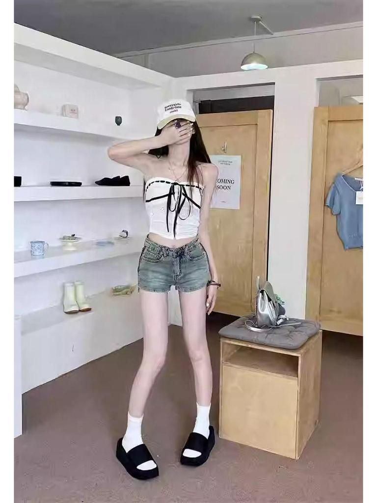 Women's High Waist Retro Denim Shorts with Side Zipper - Summer Thin Design, Spicy Bodycon Fit, Wide Leg Booty Style