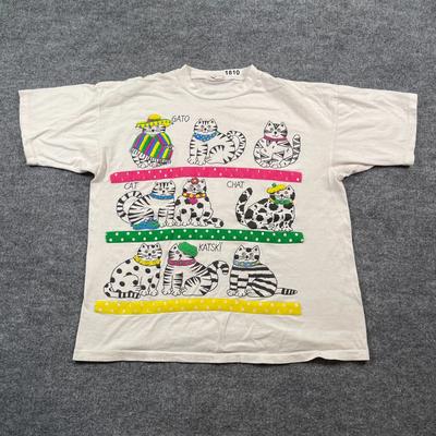 Vintage 90er Jahre Cat Chat Gato Katski Kunst Shirt Groß 22x25 Weiß