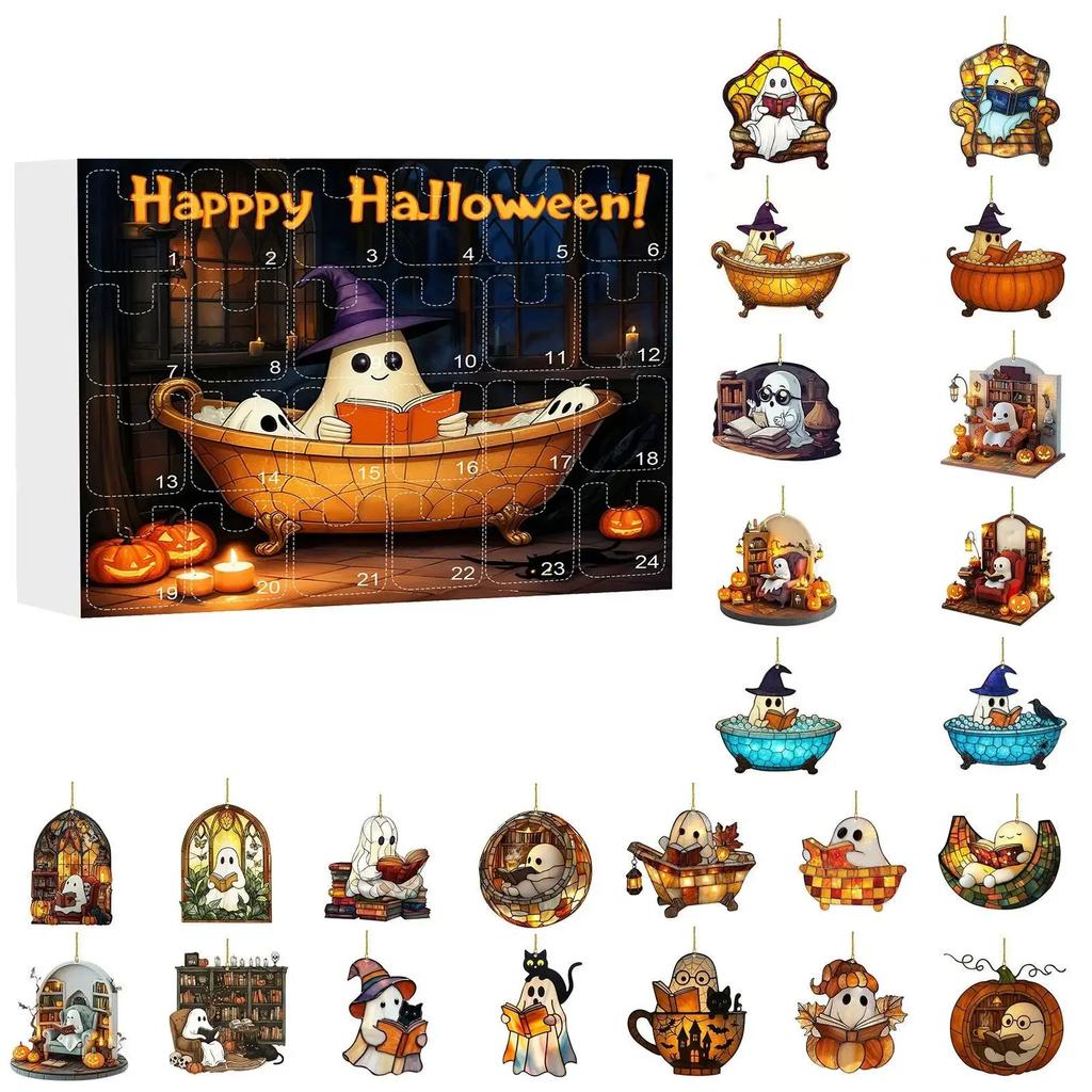 Lesender Geist Acryl Flachanhänger Set Halloween Dekorationen 24 Stile Geist Lesen 2D Ornament 24-Tage Countdown Sammlerstück