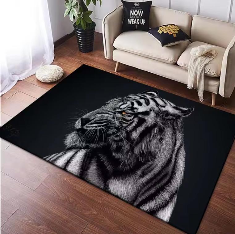 Living Room Rug Ice Blue White Tiger 3D Realistic Theme Carpet Non-Slip Soft Easy Clean Durable Cool Wild Luxury Home Decor Mat