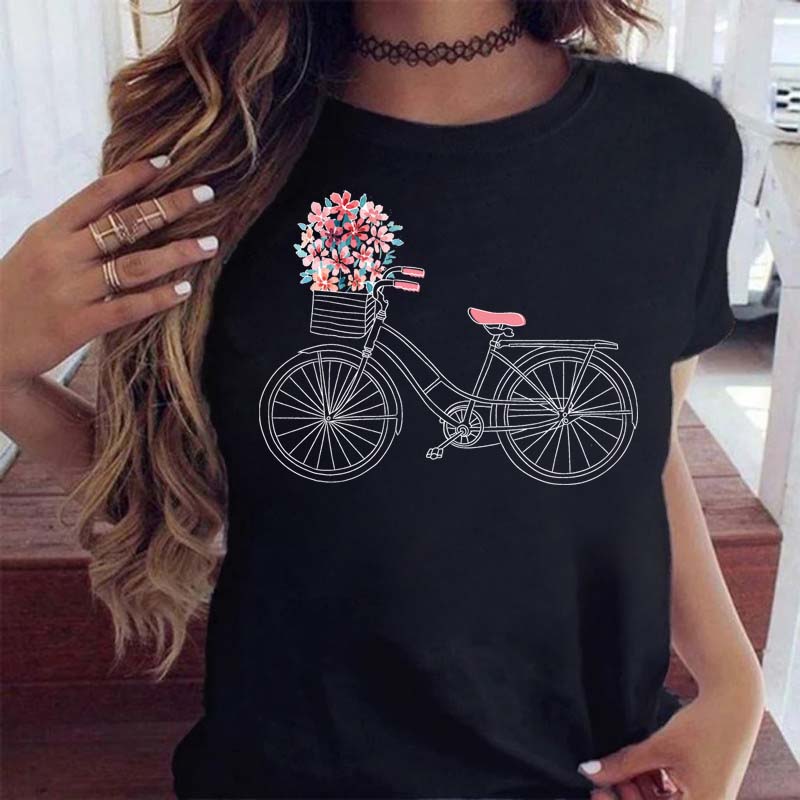 Woman Funny Bicycle Floral Print T Shirt Harajuku Women Tshirts Casual O-Neck Short Sleeves Tops Tees Shirt,Drop Shipping