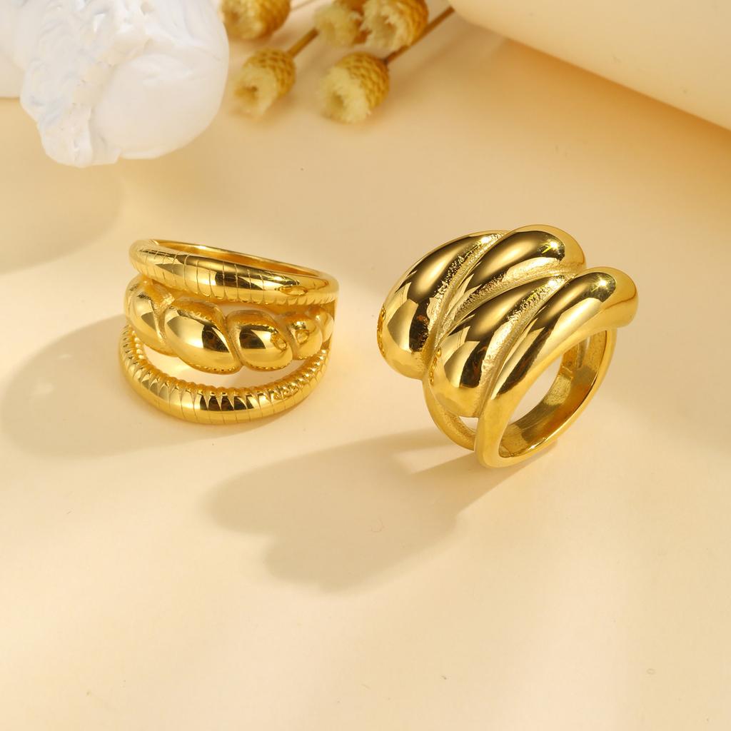Double Layer Chunky Ring for Women, Gold Plated Stainless Steel, High Polish Statement Band Radial Ring